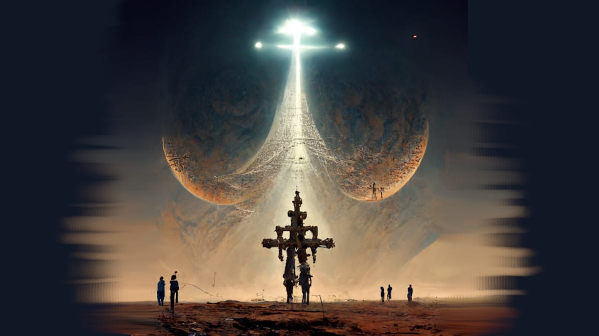 AI generated image of "aliens in front of a strange cross, detailed" (Midjourney)