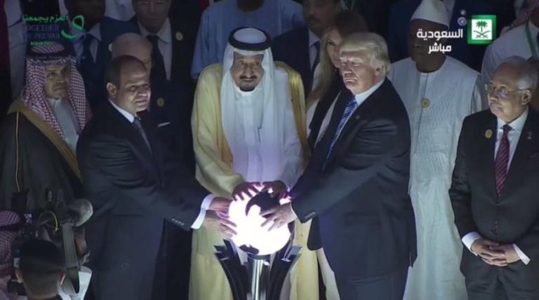Donald Trump and other world leaders touch an ominous, glowing orb in a dark crowd